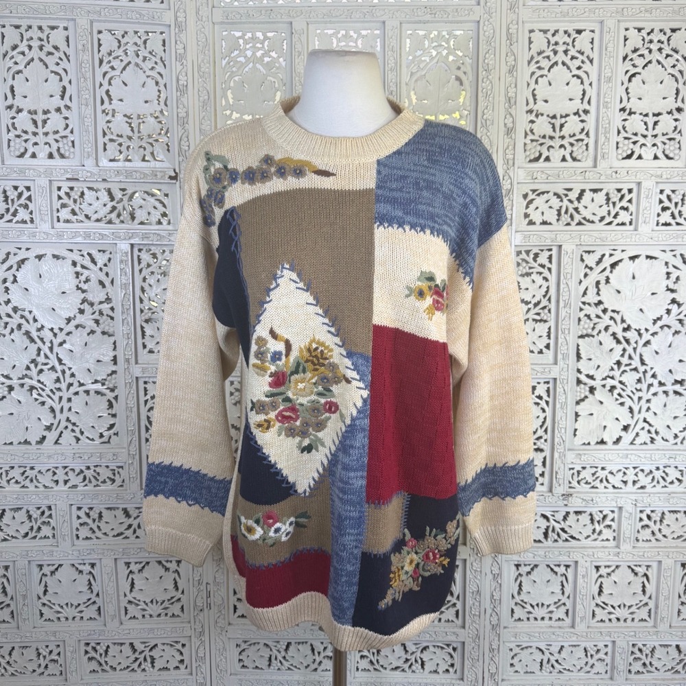 Vtg Patchwork Grannycore Chunky Sweater Womens Medium Oversized Retro Boho